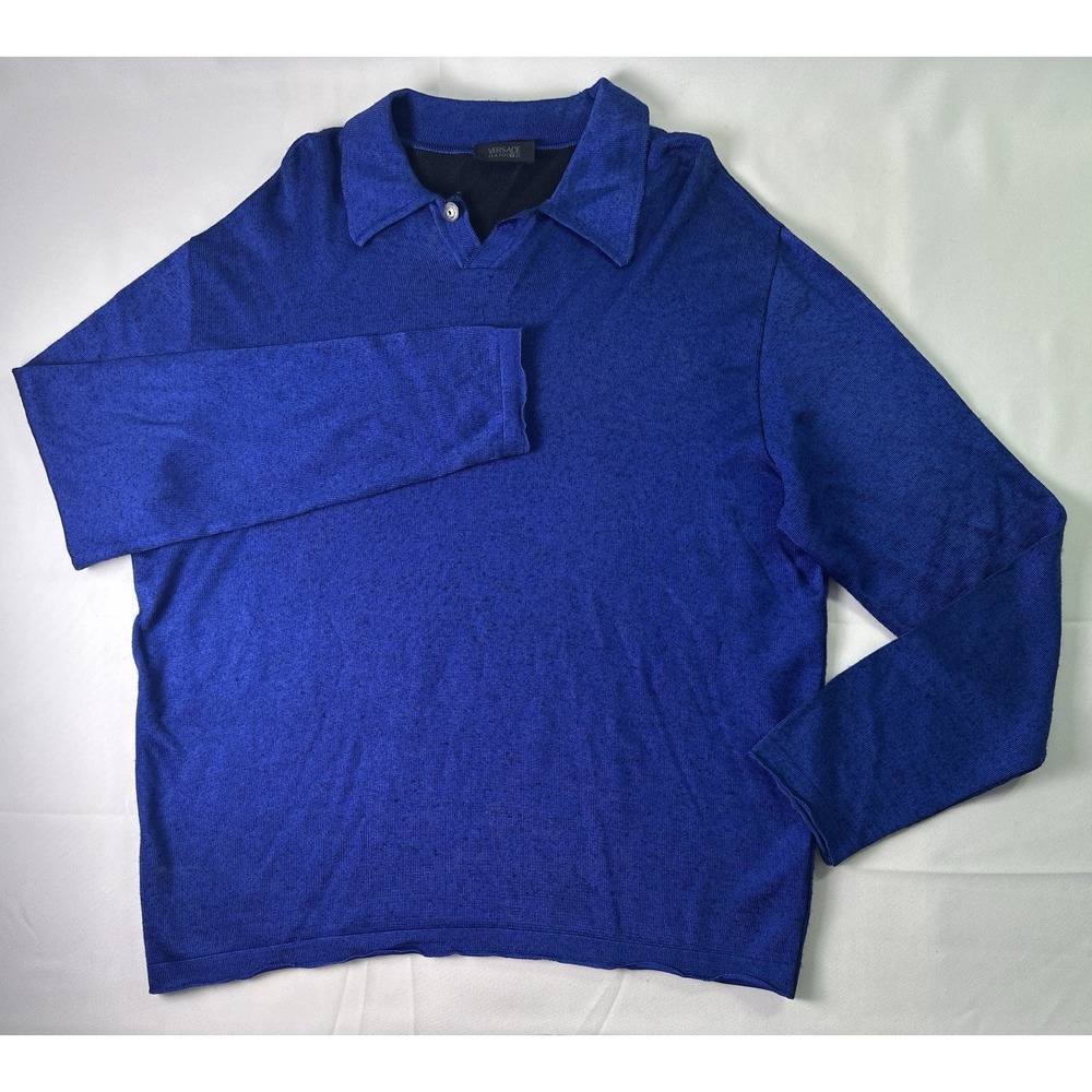 Vintage Versace V2 Knit Polo Blue Italian Sweater Mens Size M Wool Rayon Blend